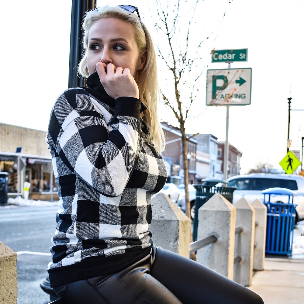 BUFFALO PLAID CHECK COWL SWEATER in WHTE